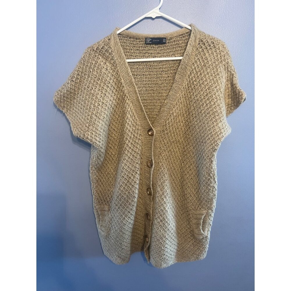 Zara Light Brown Button Up Short Sleeve Vest Cardigan W Pockets SZ M, Wool Blend